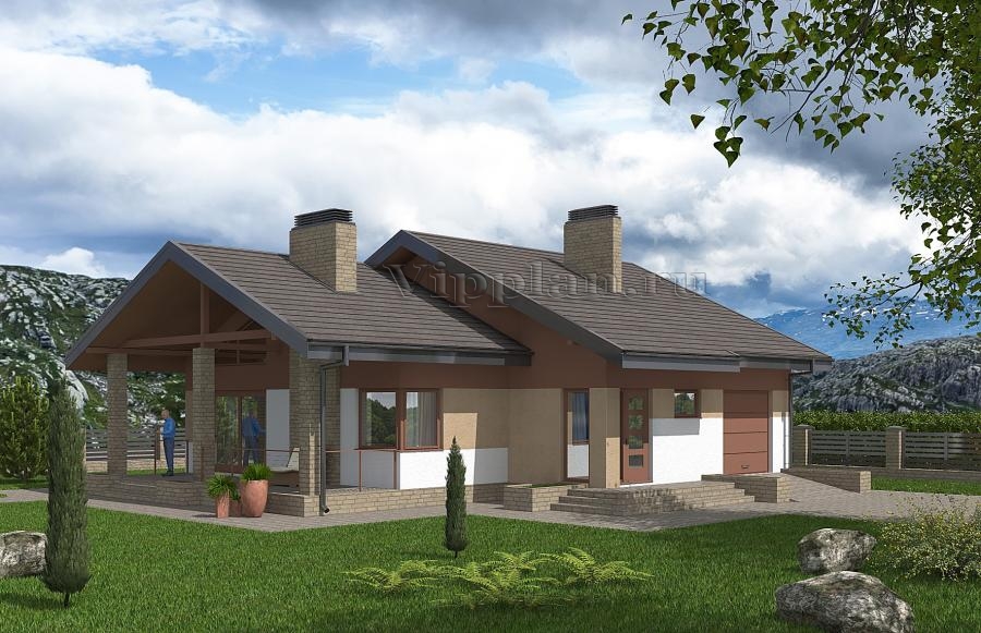 Проект одноэтажного дома с гаражом и террасой