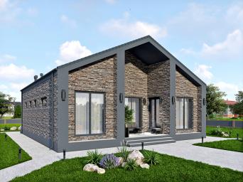 Одноэтажный дом с кабинетом, террасой и облицовкой фиброцементными панелями