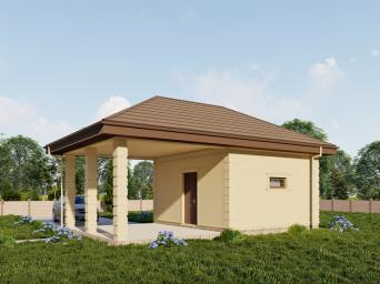 Гараж с навесом и облицовкой камнем.